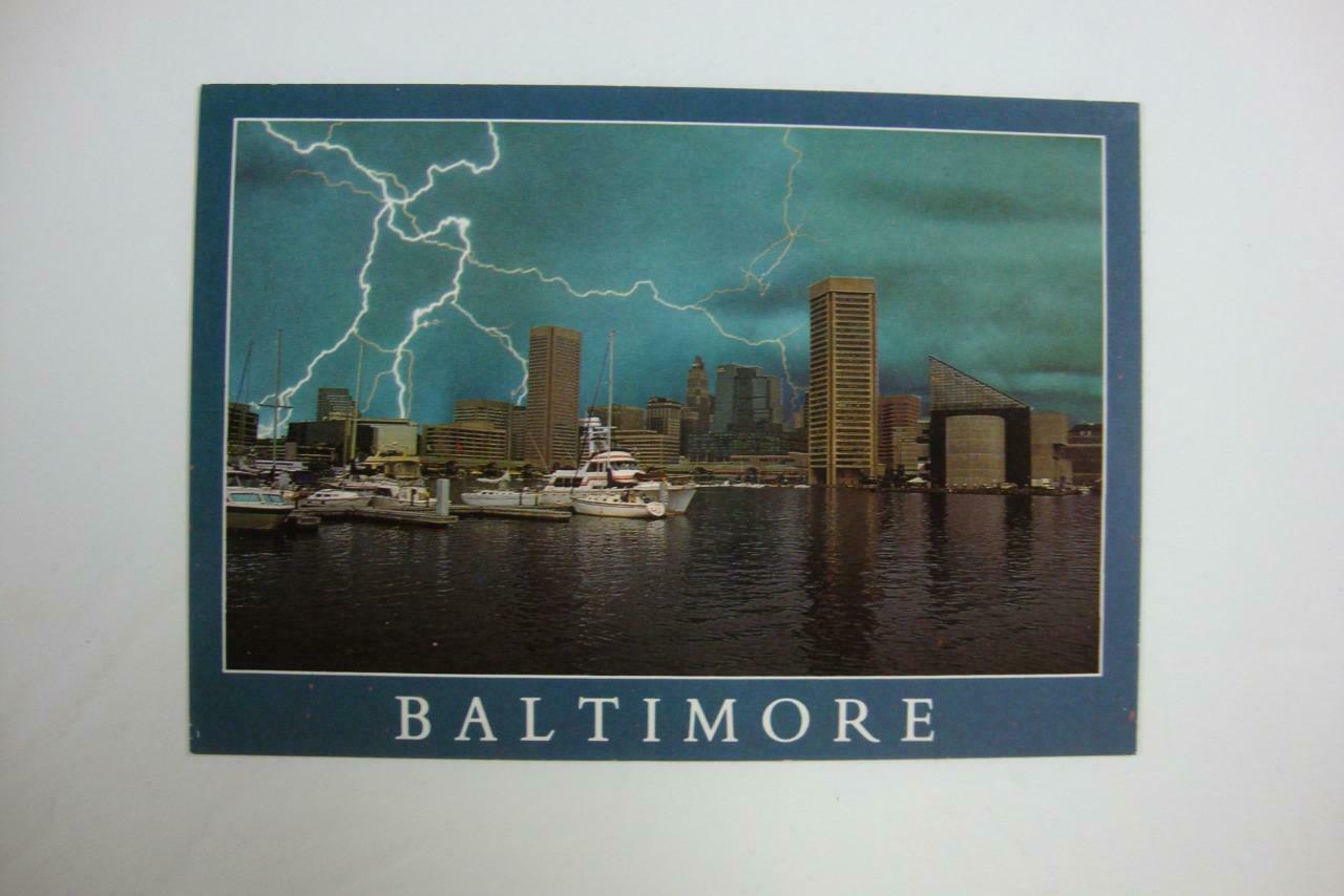 691) Baltimore Maryland, Summer Lighting Storm Over The Inner Harbor, Postcard